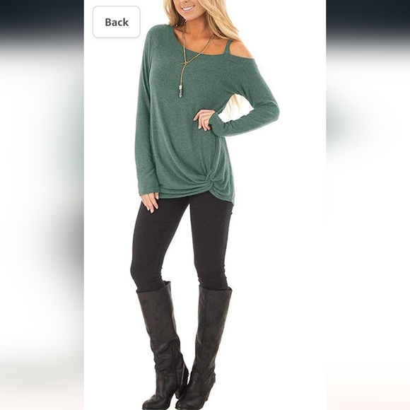Casual Fall Green Cold Shoulder Long Sleeve Side Knot Top … - Picture 3 of 10
